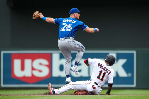 MINNEAPOLIS, MN – AUGUST 07: Jorge Polanco #11 of the Minnesota Twins is out at second base as Matt Chapman #26 of the Toronto Blue Jays watches his throw to first base on a fielder’s choice in the first inning of the game at Target Field on August 7, 2022, in Minneapolis, Minnesota. (Photo by David Berding/Getty Images)