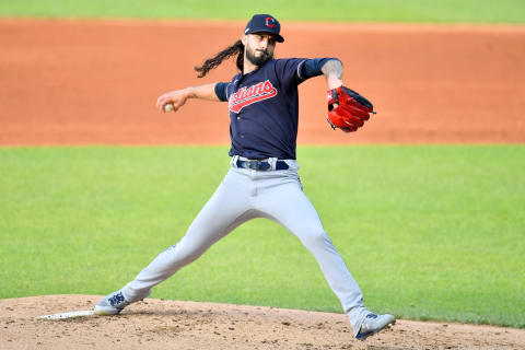 CLEVELAND, OHIO – JULY 14: Hunter Wood #44 of the Cleveland Indians pitches during the second inning of an intrasquad at Progressive Field on July 14, 2020 in Cleveland, Ohio. (Photo by Jason Miller/Getty Images)