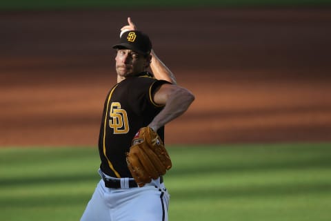 SAN DIEGO, CALIFORNIA – JULY 20: Garrett Richards #43 of the San Diego Padres pitches during the first inning of an exhibition game against the Los Angeles Angels at PETCO Park on July 20, 2020 in San Diego, California. (Photo by Sean M. Haffey/Getty Images)