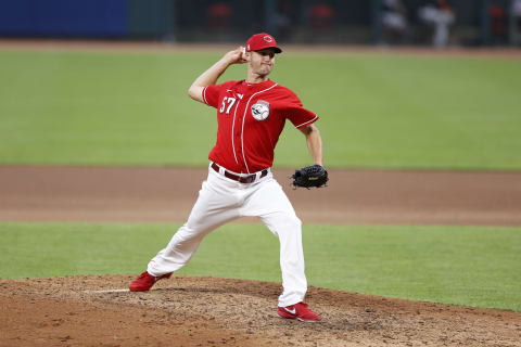 CINCINNATI, OH – JULY 21: Nate Jones #57 of the Cincinnati Reds pitches during an exhibition game against the Detroit Tigers at Great American Ball Park on July 21, 2020 in Cincinnati, Ohio. The Reds defeated the Tigers 9-7. (Photo by Joe Robbins/Getty Images)