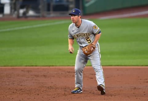 PITTSBURGH, PA – JULY 28: Jedd Gyorko #5 of the Milwaukee Brewers in action during the game against the Pittsburgh Pirates at PNC Park on July 28, 2020 in Pittsburgh, Pennsylvania. (Photo by Joe Sargent/Getty Images)