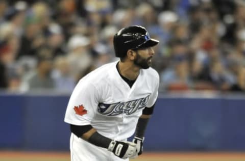 TORONTO, CANADA – SEPTEMBER 22: Jose Bautista #19 of the Toronto Blue Jays bats during MLB game action against the Los Angeles Angels of Anaheim September 22, 2011 at Rogers Centre in Toronto, Ontario, Canada. Toronto won 4-3. (Photo by Brad White/Getty Images)