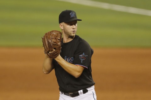 MIAMI, FLORIDA – AUGUST 15: Brad Boxberger #33 of the Miami Marlins delivers a pitch during the eighth inning at Marlins Park on August 15, 2020 in Miami, Florida. (Photo by Michael Reaves/Getty Images)