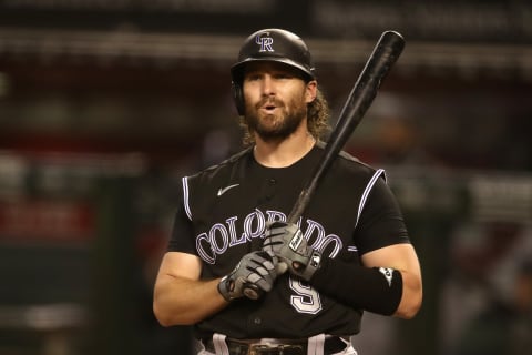 PHOENIX, ARIZONA – AUGUST 24: Daniel Murphy #9 of the Colorado Rockies reacts while batting against the Arizona Diamondbacks during the seventh inning of the MLB game at Chase Field on August 24, 2020 in Phoenix, Arizona. (Photo by Christian Petersen/Getty Images)