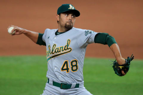 ARLINGTON, TEXAS – AUGUST 26: Joakim Soria #48 of the Oakland Athletics pitches against the Texas Rangers in the bottom of the seventh inning at Globe Life Field on August 26, 2020 in Arlington, Texas. (Photo by Tom Pennington/Getty Images)