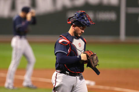 BOSTON, MASSACHUSETTS – AUGUST 31: Tyler Flowers #25 of the Atlanta Braves looks on during the first inning of the game against the Boston Red Sox at Fenway Park on August 31, 2020 in Boston, Massachusetts. (Photo by Maddie Meyer/Getty Images)