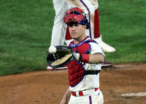 PHILADELPHIA, PA – SEPTEMBER 08: J.T. Realmuto #10 of the Philadelphia Phillies during a game against the Boston Red Sox at Citizens Bank Park on September 8, 2020 in Philadelphia, Pennsylvania. The Red Sox won 5-2. (Photo by Hunter Martin/Getty Images)