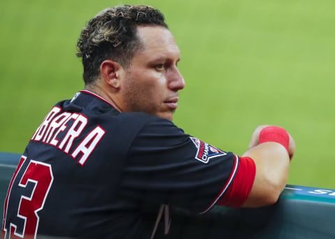 ATLANTA, GA – SEPTEMBER 05: Asdrubal Cabrera #13 of the Washington Nationals watches on in the fifth inning of an MLB game against the Atlanta Braves at Truist Park on September 5, 2020 in Atlanta, Georgia. (Photo by Todd Kirkland/Getty Images)