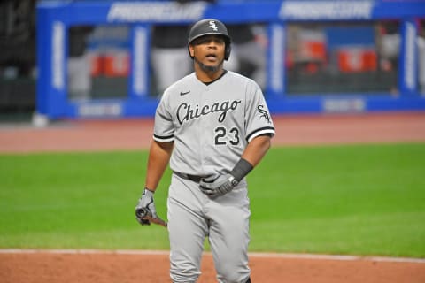 CLEVELAND, OHIO – SEPTEMBER 21: Edwin Encarnacion #23 of the Chicago White Sox reacts after striking out during the fourth inning at Progressive Field on September 21, 2020 in Cleveland, Ohio. (Photo by Jason Miller/Getty Images)