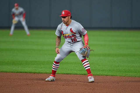 KANSAS CITY, MISSOURI – SEPTEMBER 21:Second baseman Kolten Wong #16 of the St. Louis Cardinals tends his positon in the fourth inning against the Kansas City Royals at Kauffman Stadium on September 21, 2020 in Kansas City, Missouri. (Photo by Ed Zurga/Getty Images)