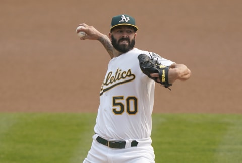 OAKLAND, CALIFORNIA – OCTOBER 01: Mike Fiers #50 of the Oakland Athletics pitches against the Chicago White Sox during the first inning of Game Three of the American League Wild Card Round at RingCentral Coliseum on October 01, 2020 in Oakland, California. (Photo by Thearon W. Henderson/Getty Images)