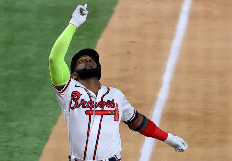 ARLINGTON, TEXAS – OCTOBER 15: Marcell Ozuna #20 of the Atlanta Braves crosses home plate after hitting a solo home run against the Los Angeles Dodgers during the fourth inning in Game Four of the National League Championship Series at Globe Life Field on October 15, 2020 in Arlington, Texas. (Photo by Tom Pennington/Getty Images)