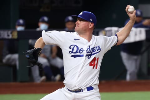 ARLINGTON, TEXAS – OCTOBER 21: Jake McGee #41 of the Los Angeles Dodgers delivers the pitch against the Tampa Bay Rays during the ninth inning in Game Two of the 2020 MLB World Series at Globe Life Field on October 21, 2020 in Arlington, Texas. (Photo by Rob Carr/Getty Images)