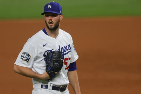 ARLINGTON, TEXAS – OCTOBER 27: Alex Wood #57 of the Los Angeles Dodgers looks on against the Tampa Bay Rays during the third inning in Game Six of the 2020 MLB World Series at Globe Life Field on October 27, 2020 in Arlington, Texas. (Photo by Ronald Martinez/Getty Images)