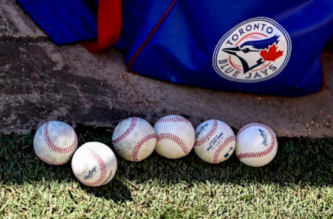 LAKELAND, FLORIDA – MARCH 04: General view of baseballs in the Toronto Blue Jays bullpen during a spring training game between the Toronto Blue Jays and the Detroit Tigers at Publix Field at Joker Marchant Stadium on March 04, 2021 in Lakeland, Florida. (Photo by Douglas P. DeFelice/Getty Images)