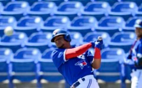 DUNEDIN, FLORIDA – MARCH 13: Gabriel Moreno #70 of the Toronto Blue Jays swings at pitch during the second inning against the Baltimore Orioles during a spring training game at TD Ballpark on March 13, 2021 in Dunedin, Florida. (Photo by Douglas P. DeFelice/Getty Images)