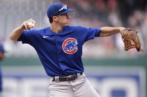 WASHINGTON, DC – AUGUST 01: Matt Duffy #5 of the Chicago Cubs throws the ball to first base against the Washington Nationals at Nationals Park on August 01, 2021, in Washington, DC. (Photo by G Fiume/Getty Images)