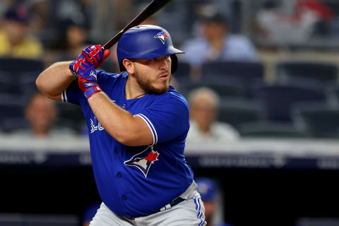 NEW YORK, NY – SEPTEMBER 08: Alejandro Kirk #30 of the Toronto Blue Jays in action during a game against the New York Yankees at Yankee Stadium on September 8, 2021, in New York City. (Photo by Rich Schultz/Getty Images)