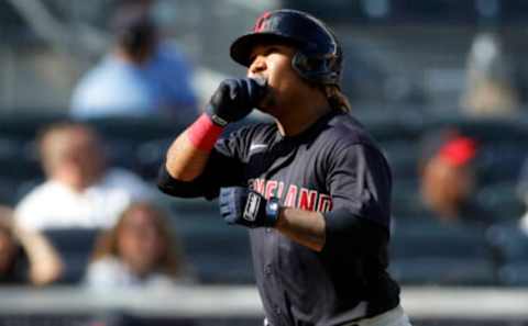 NEW YORK, NEW YORK – SEPTEMBER 18: Jose Ramirez #11 of the Cleveland Indians reacts as he runs the bases after his eighth inning home run against the New York Yankees at Yankee Stadium on September 18, 2021 in New York City. (Photo by Jim McIsaac/Getty Images)