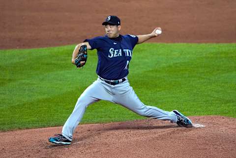 KANSAS CITY, MO – SEPTEMBER 18: Yusei Kikuchi #18 of the Seattle Mariners throws in the second inning against the Kansas City Royals at Kauffman Stadium on September 18, 2021, in Kansas City, Missouri. (Photo by Ed Zurga/Getty Images)