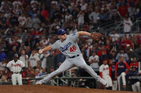 ATLANTA, GEORGIA – OCTOBER 23: Corey Knebel #46 of the Los Angeles Dodgers throws a pitch during the seventh inning of Game Six of the National League Championship Series against the Atlanta Braves at Truist Park on October 23, 2021 in Atlanta, Georgia. (Photo by Kevin C. Cox/Getty Images)