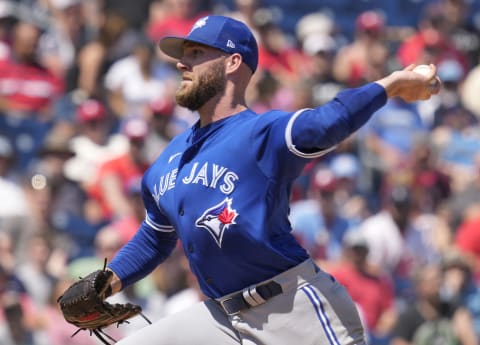 CLEARWATER, FLORIDA – MARCH 19: Nick Allgeyer #52 of the Toronto Blue Jays delivers a pitch in the first inning against the Philadelphia Phillies in a Spring Training game at BayCare Ballpark on March 19, 2022, in Clearwater, Florida. (Photo by Mark Brown/Getty Images)