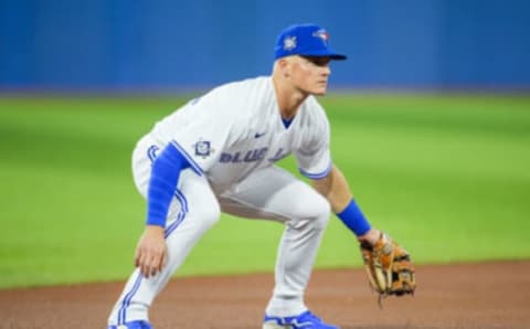 TORONTO, ON – APRIL 15: Matt Chapman #26 of the Toronto Blue Jays stands in position at third base against the Oakland Athletics in the first inning during their MLB game at the Rogers Centre on April 15, 2022 in Toronto, Ontario, Canada. All players are wearing the number 42 in honor of Jackie Robinson Day. (Photo by Mark Blinch/Getty Images)