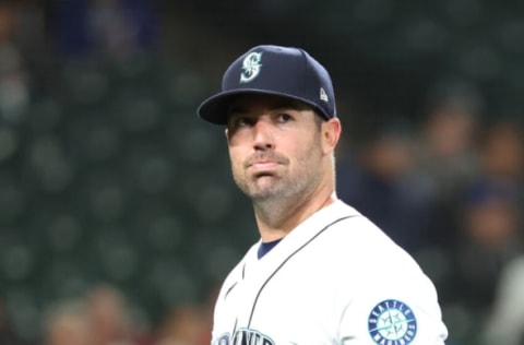 SEATTLE, WASHINGTON – APRIL 19: Robbie Ray #38 of the Seattle Mariners reacts after the fifth inning against the Texas Rangers at T-Mobile Park on April 19, 2022 in Seattle, Washington. (Photo by Abbie Parr/Getty Images)