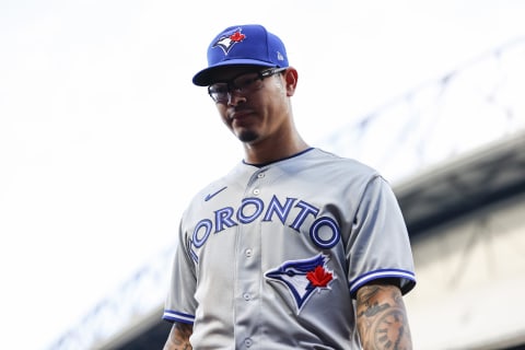 SEATTLE, WASHINGTON – JULY 07: Anthony Banda #43 of the Toronto Blue Jays is taken out of the game during the first inning against the Seattle Mariners at T-Mobile Park on July 07, 2022,  in Seattle, Washington. (Photo by Steph Chambers/Getty Images)