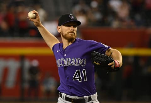 PHOENIX, ARIZONA – JULY 08: Chad Kuhl #41 of the Colorado Rockies delivers a pitch against the Arizona Diamondbacks at Chase Field on July 08, 2022, in Phoenix, Arizona. (Photo by Norm Hall/Getty Images)