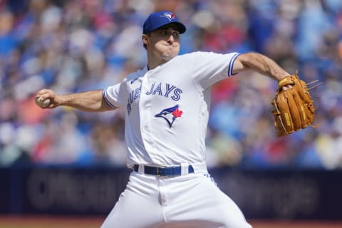 TORONTO, ON – AUGUST 28: Ross Stripling #48 of the Toronto Blue Jays pitches to the Los Angeles Angels in the second inning during their MLB game at the Rogers Centre on August 28, 2022, in Toronto, Ontario, Canada. (Photo by Mark Blinch/Getty Images)