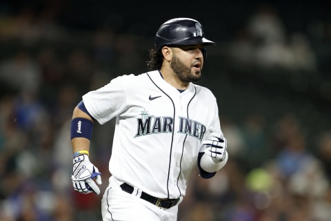 SEATTLE, WASHINGTON – SEPTEMBER 28: Eugenio Suarez #28 of the Seattle Mariners runs to first base during the third inning against the Texas Rangers at T-Mobile Park on September 28, 2022 in Seattle, Washington. (Photo by Steph Chambers/Getty Images)