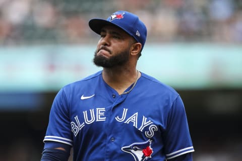 MINNEAPOLIS, MN – AUGUST 07: Yimi Garcia #93 of the Toronto Blue Jays looks on after pitching to the Minnesota Twins in the eighth inning of the game at Target Field on August 7, 2022 in Minneapolis, Minnesota. The Blue Jays defeated the Twins 3-2 in ten innings. (Photo by David Berding/Getty Images)