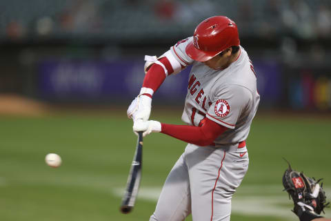 OAKLAND, CALIFORNIA – OCTOBER 04: Shohei Ohtani #17 of the Los Angeles Angels flies out in the top of the first inning against the Oakland Athletics at RingCentral Coliseum on October 04, 2022, in Oakland, California. (Photo by Lachlan Cunningham/Getty Images)