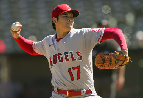 OAKLAND, CALIFORNIA – OCTOBER 05: Shohei Ohtani #17 of the Los Angeles Angels pitches against the Oakland Athletics in the bottom of the first inning at RingCentral Coliseum on October 05, 2022, in Oakland, California. (Photo by Thearon W. Henderson/Getty Images)