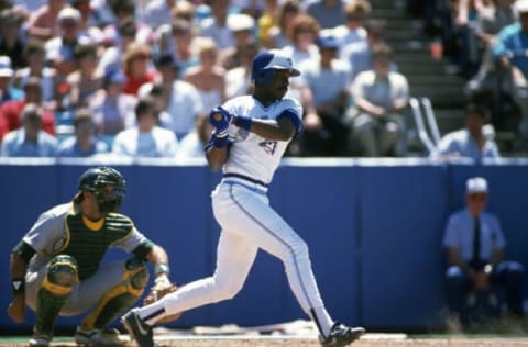 TORONTO, ON – CIRCA 1988: Fred McGriff #19 of the Toronto Blue Jays bats against the Oakland Athletics during an Major League Baseball game circa 1988 at Exhibition Stadium in Toronto, Ontario. McGriff played for the Blue Jays from 1986-90. (Photo by Focus on Sport/Getty Images)