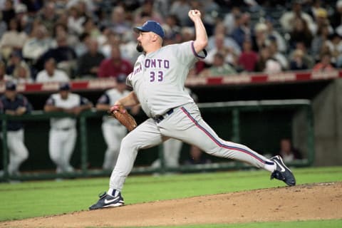 30 Aug 2000: David Wells #33 of the Toronto Blue Jays winds back to pitch the ball during the game against the Anaheim Angels at Edison Field in Anaheim, California. The Blue Jays defeated the Angels 11-2.Mandatory Credit: Jeff Gross /Allsport