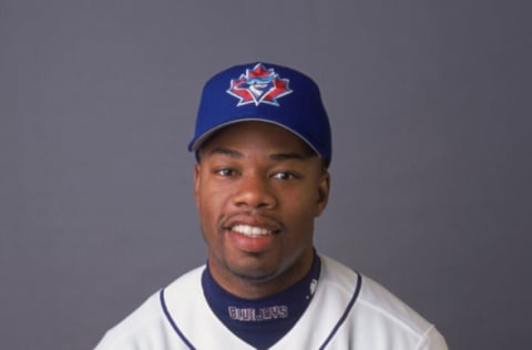 24 Feb 2002: Left fielder Shannon Stewart #24 of the Toronto Blue Jays poses for a studio portrait during Blue Jays Picture Day at the Dunedin Stadium in Dunedin, Florida. Mandatory Credit: Rick Stewart/Getty Images