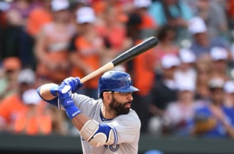 BALTIMORE, MD – SEPTEMBER 03: Jose Bautista #19 of the Toronto Blue Jays prepares for a pitch during a baseball game against the Baltimore Orioles at Oriole Park at Camden Yards on September 3, 2017 in Baltimore, Maryland. The Orioles won 7-4 in twelve innings. (Photo by Mitchell Layton/Getty Images)