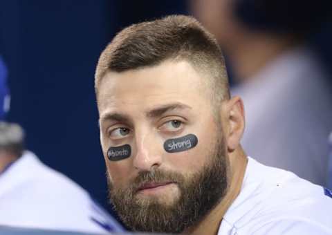 TORONTO, ON – APRIL 24: Kevin Pillar #11 of the Toronto Blue Jays wears eyeblack with the message Toronto Strong the day after an attack that killed ten people during MLB game action against the Boston Red Sox at Rogers Centre on April 24, 2018 in Toronto, Canada. (Photo by Tom Szczerbowski/Getty Images)