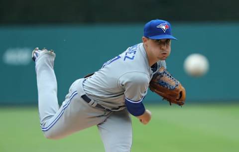 DETROIT, MI – JUNE 3: Aaron Sanchez #41 of the Toronto Blue Jays warms up prior to the start of the game against the Detroit Tigers at Comerica Park on June 3, 2018 in Detroit, Michigan. (Photo by Leon Halip/Getty Images)