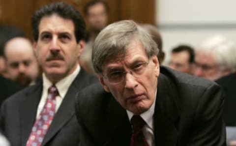 WASHINGTON – MARCH 17: Major League Baseball Commissioner Allen Selig (R) listens to the testimony of U.S. Sen. Jim Bunning during a hearing investigating steroid use in baseball on Capitol Hill March 17, 2005 in Washington DC. Commissioner Selig will give testimony regarding Major League Baseball’s efforts to eradicate steriod usage among its players. (Photo by Mark Wilson/Getty Images)