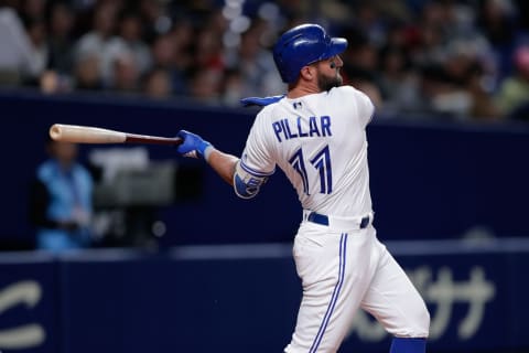 NAGOYA, JAPAN – NOVEMBER 15: Outfielder Kevin Pillar #11 of the Tronto Blue Jays hits a single in the bottom of 3rd inning during the game six between Japan and MLB All Stars at Nagoya Dome on November 15, 2018 in Nagoya, Aichi, Japan. (Photo by Kiyoshi Ota/Getty Images)