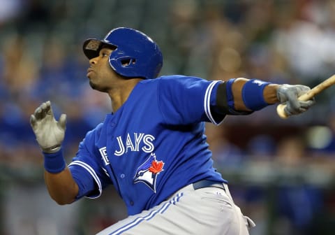 PHOENIX, AZ – SEPTEMBER 04: Rajai Davis #11 of the Toronto Blue Jays hits a two-run home run against the Arizona Diamondbacks during the first inning of the interleague MLB game at Chase Field on September 4, 2013 in Phoenix, Arizona. (Photo by Christian Petersen/Getty Images)