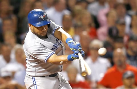 BOSTON, MA – JULY 30: Melky Cabrera #53 of the Toronto Blue Jays break his bat as he singles in the sixth inning against the Boston Red Sox at Fenway Park on July 30, 2014 in Boston, Massachusetts. (Photo by Jim Rogash/Getty Images)