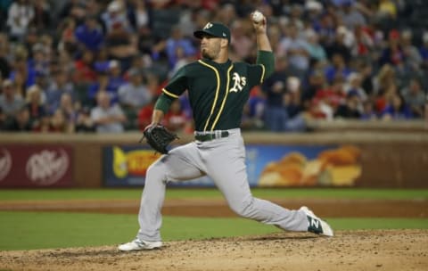 ARLINGTON, TX – SEPTEMBER 29: Sam Moll #62 of the Oakland Athletics pitches against the Texas Rangers during the fifth inning at Globe Life Park in Arlington on September 29, 2017 in Arlington, Texas. (Photo by Ron Jenkins/Getty Images)