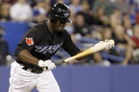 TORONTO – APRIL 18: Fred Lewis #15 of the Toronto Blue Jays reacts to a fly ball out against the Los Angeles Angels of Anaheim during a MLB game at the Rogers Centre April 18, 2010 in Toronto, Ontario, Canada. (Photo by Abelimages/Getty Images)