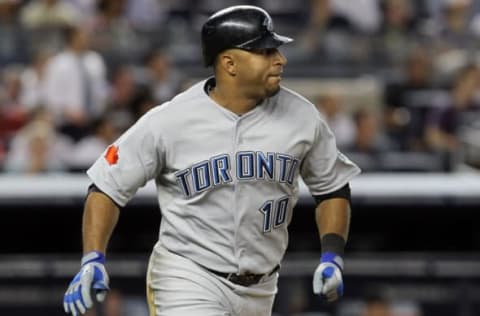 NEW YORK – AUGUST 03: Vernon Wells #10 of the Toronto Blue Jays bats against of the New York Yankees on August 3, 2010 at Yankee Stadium in the Bronx borough of New York City. The Jays defeated the Yankees 8-2. (Photo by Jim McIsaac/Getty Images)