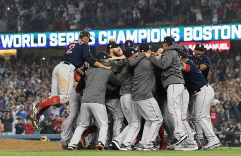 LOS ANGELES, CA – OCTOBER 28: The Boston Red Sox celebrate their 5-1 win over the Los Angeles Dodgers in Game Five to win the 2018 World Series at Dodger Stadium on October 28, 2018 in Los Angeles, California. (Photo by Harry How/Getty Images)