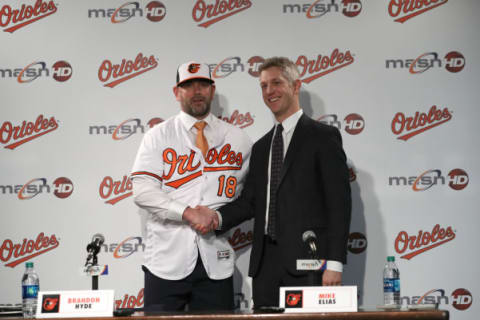 BALTIMORE, MARYLAND – DECEMBER 17: Brandon Hyde (L) is introduced as the new manager of the Baltimore Orioles by general manager Mike Elias during a news conference at Oriole Park at Camden Yards on December 17, 2018 in Baltimore, Maryland. (Photo by Rob Carr/Getty Images)